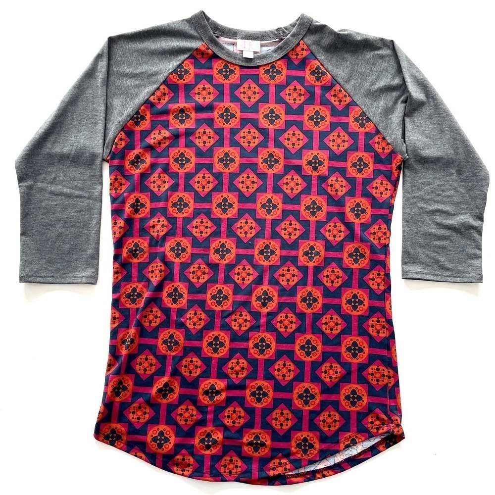 LuLaRoe Women's Size Small Pink Gray Randy Tee 3/4 Sleeve Geometric Baseball Top